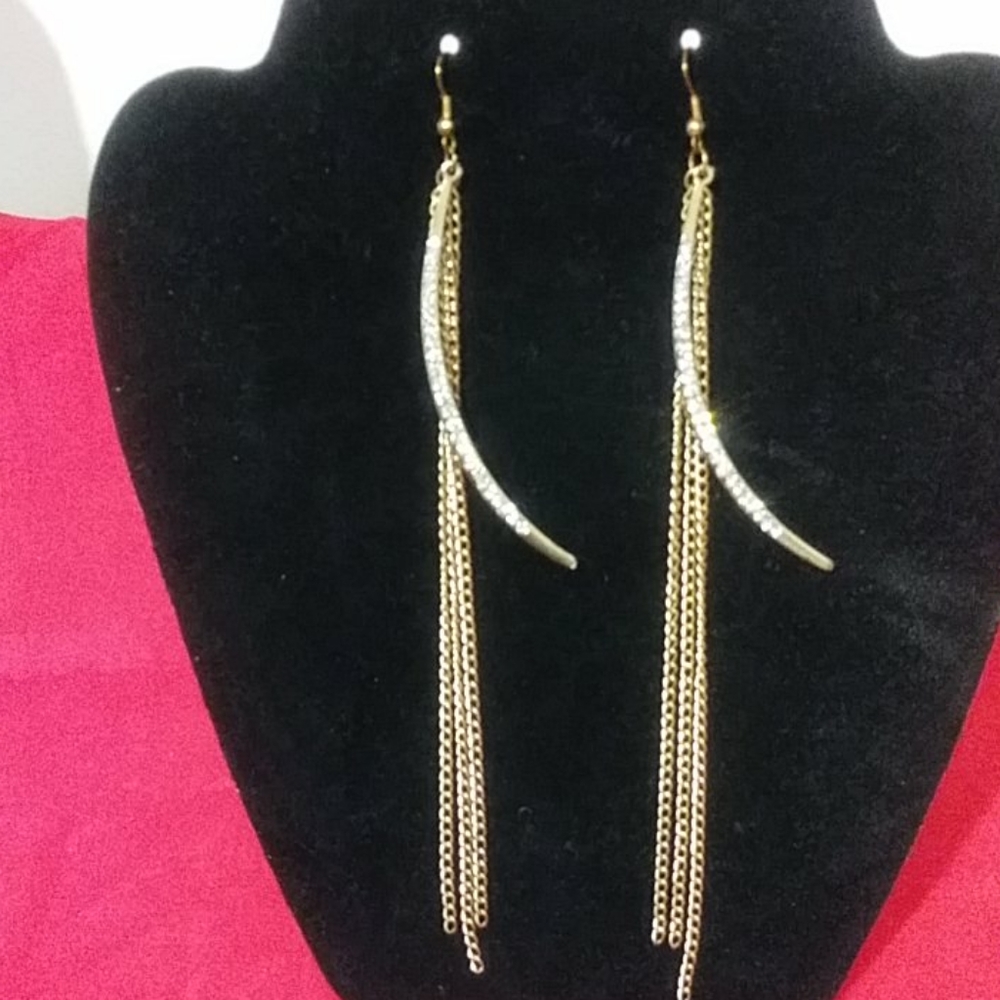 Gold chain tassel earrings.